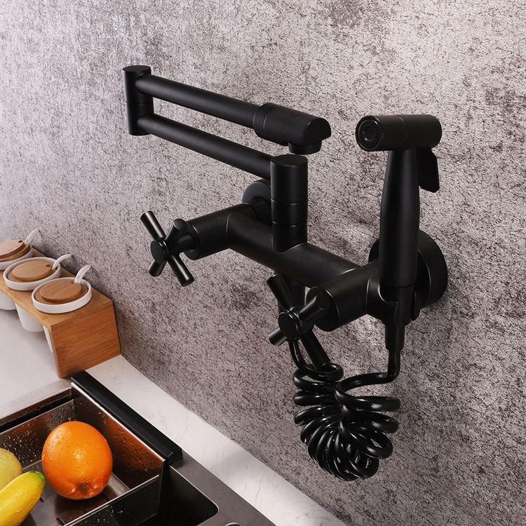 Mezclador de grifo de cocina plegable con rociador, 2 manijas, caliente y fría, montado en la pared, para olla de cocina