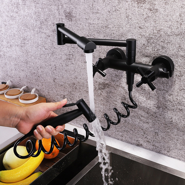 Mezclador de grifo de cocina plegable con rociador, 2 manijas, caliente y fría, montado en la pared, para olla de cocina