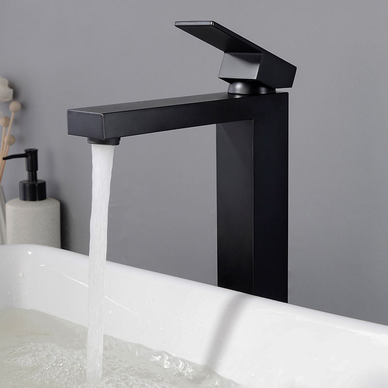 Grifo de lavabo alto cuadrado mezclador de agua fría y caliente para recipiente de baño negro