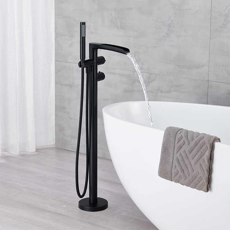 Grifo mezclador para bañera de baño con montaje en suelo, grifo mezclador para bañera en cascada Fresstanding