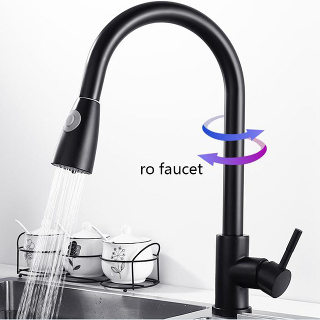 Grifos de fregadero de cocina giratorios de acero inoxidable negro mate con caño extraíble