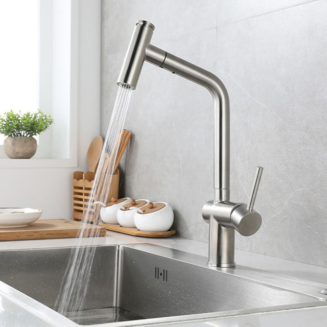 Grifo de cocina de acero inoxidable con agua fría y caliente de fábrica, grifo mezclador extraíble