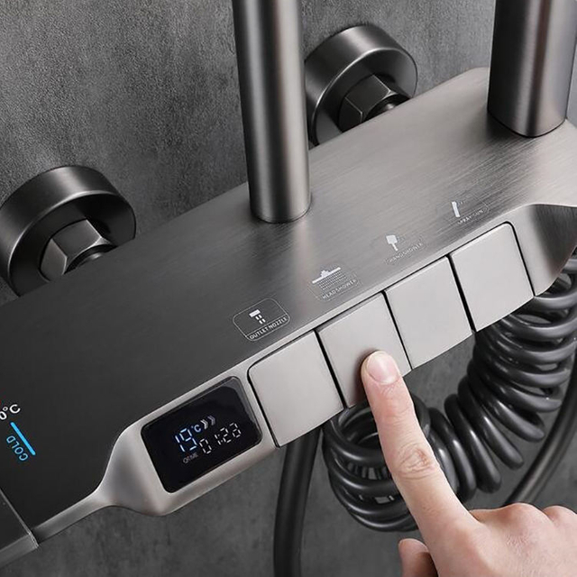 Juego de mezclador de ducha con llave de Piano termostático con pantalla Digital completamente expuesta de 4 vías para baño y baño