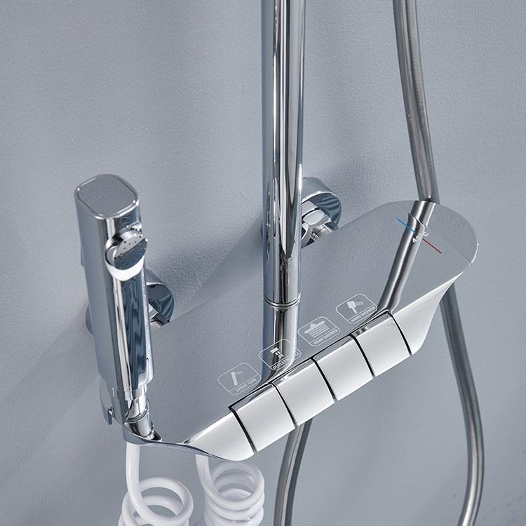 Juego de sistema de ducha termostático con llave de piano para baño expuesto montado en la pared con función de 4 vías