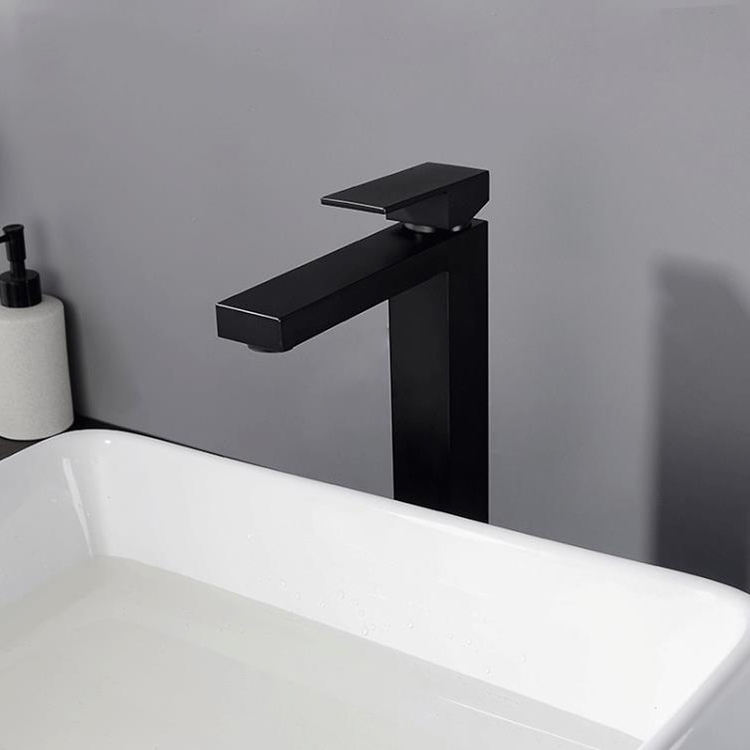 Grifo de lavabo alto cuadrado mezclador de agua fría y caliente para recipiente de baño negro