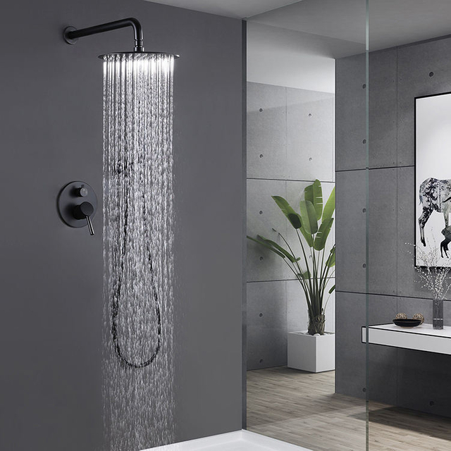 Juego de mezclador de ducha de lluvia oculto para baño frío y caliente de dos funciones, negro