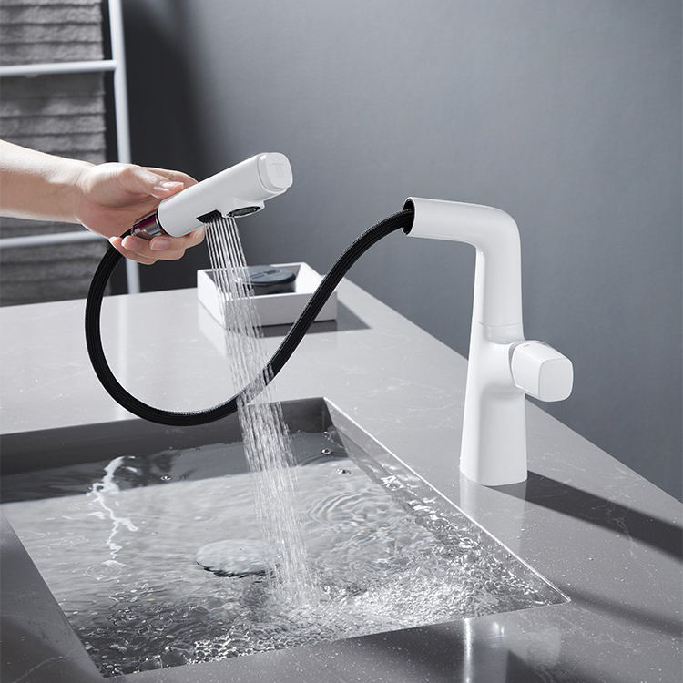 Grifo monomando para lavabo de baño, grifo mezclador de tocador con rociador extraíble
