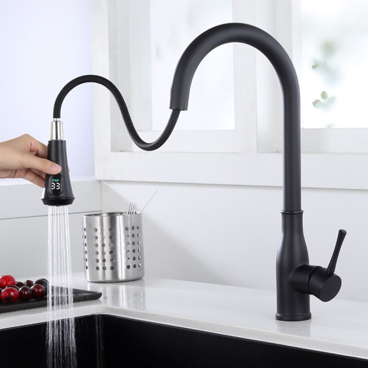 Mezclador de grifo de cocina negro con sensor inteligente de acero inoxidable 304 con rociador desplegable