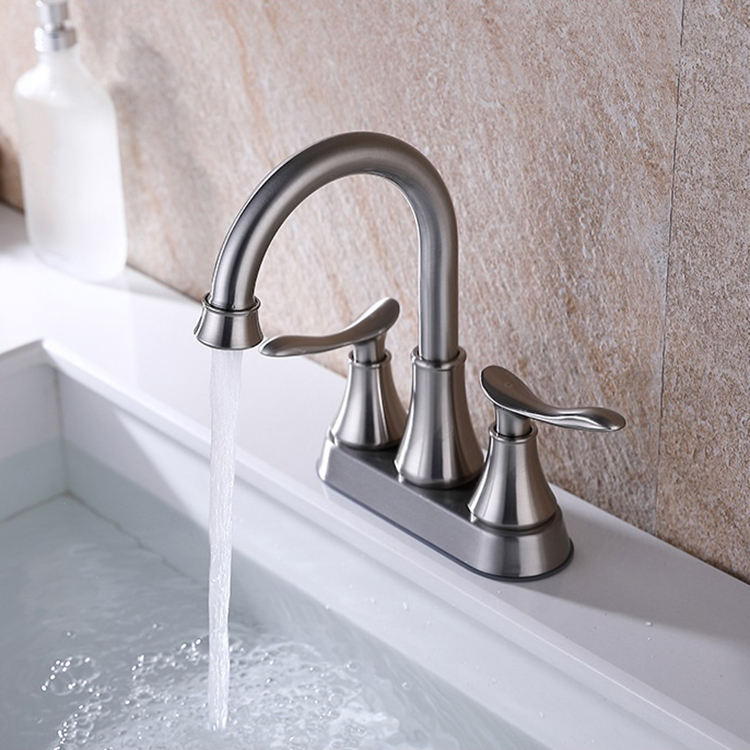 Grifo de baño con función de agua fría y caliente de acero inoxidable de fábrica Kaiping, grifo de lavabo central de 4 pulgadas, 2 manijas