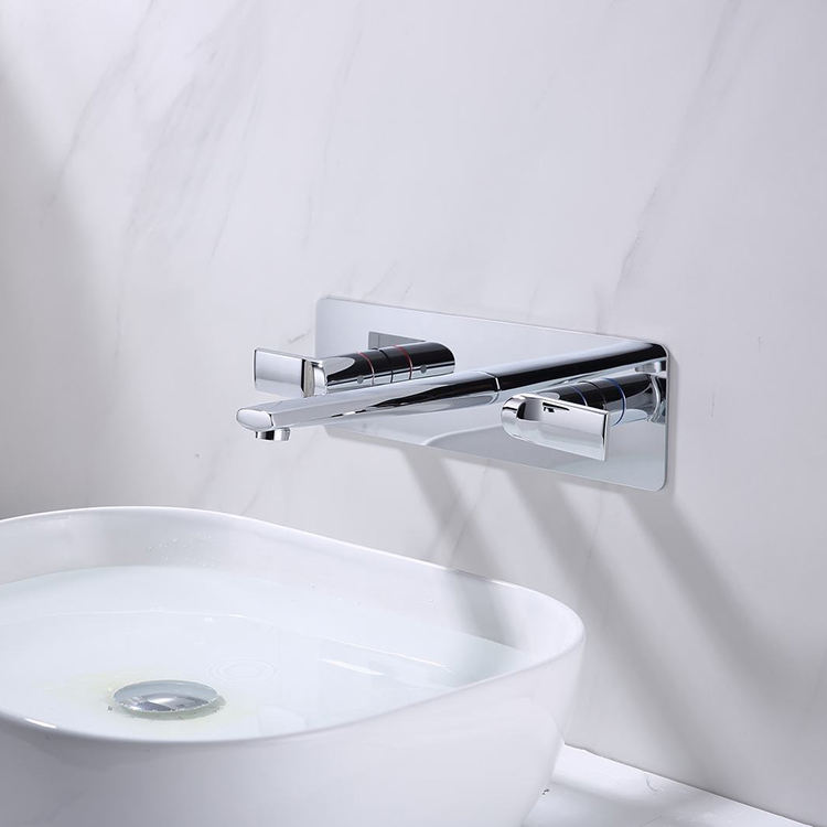 Grifo de lavabo de pared con 3 orificios y doble manija para baño