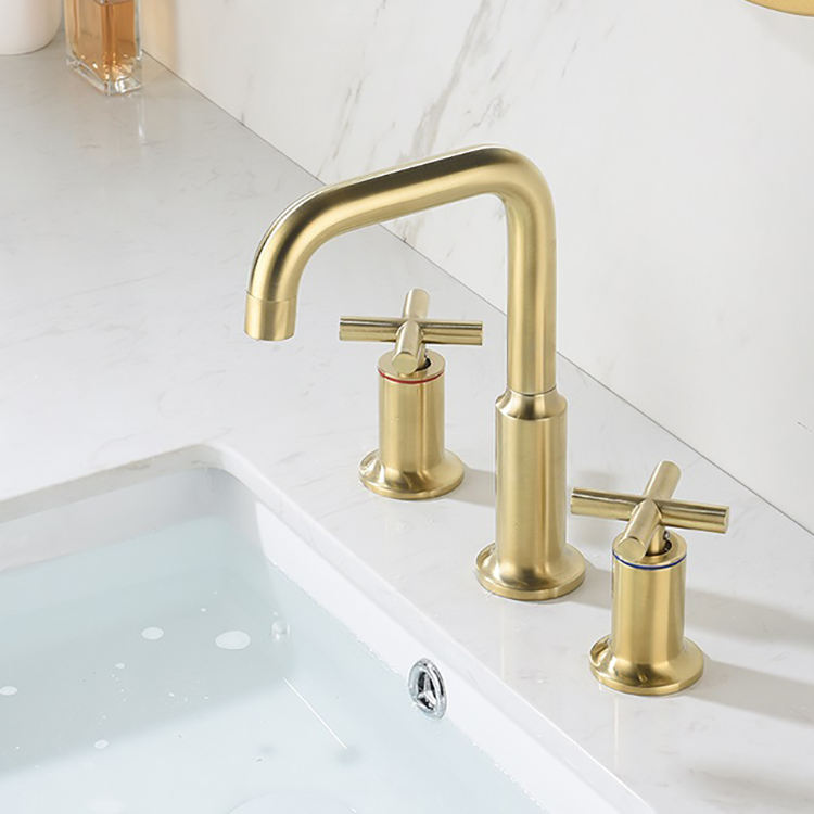 Grifo de lavabo dividido para baño, grifo de lavabo dividido de arco alto con mango doble de 3 agujeros, oro cepillado montado en cubierta