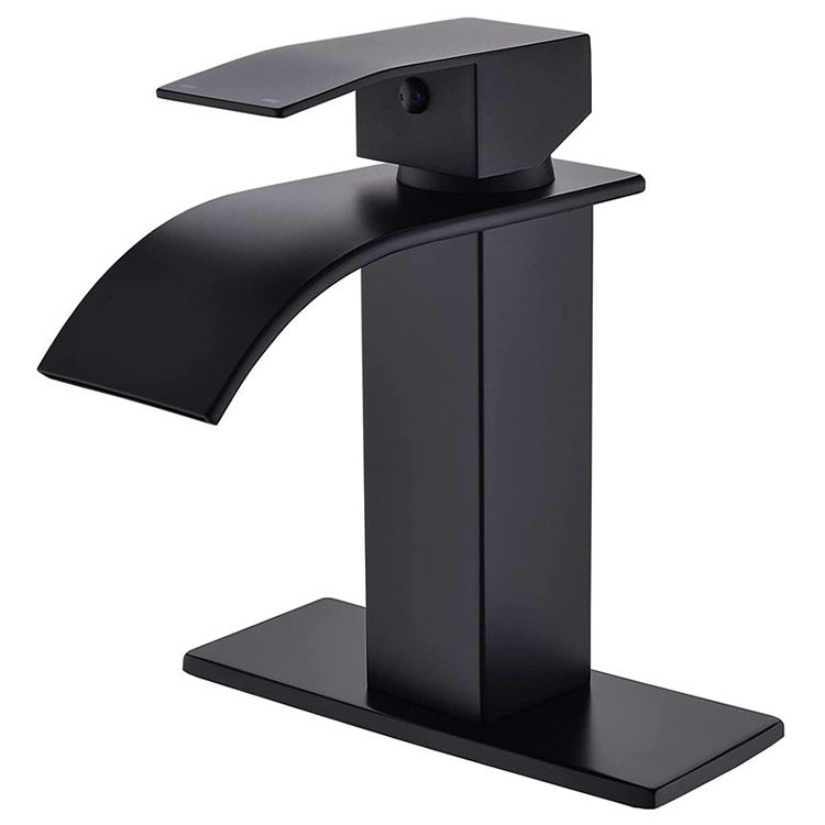 Mezclador de agua fría y caliente negro mate, grifo de lavabo en cascada para baño, acero inoxidable