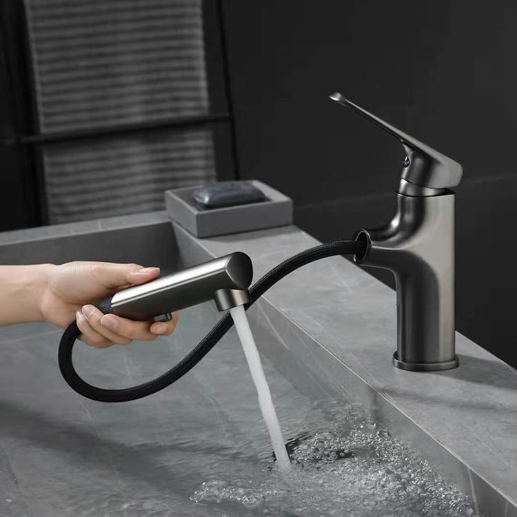 Grifo monomando para lavabo de baño extraíble, color negro, montado en cubierta