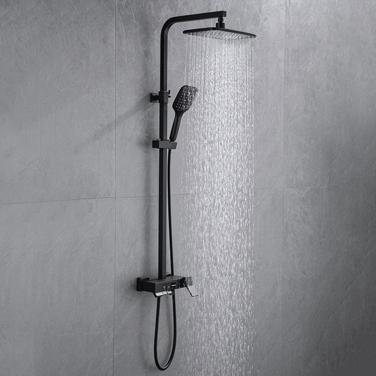 Conjunto de sistema de cabezal de ducha tipo lluvia para baño expuesto montado en la pared, color negro mate, latón