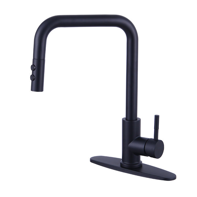 Grifo monomando para fregadero de cocina, de arco cuadrado, negro, montado en cubierta, con rociador desplegable