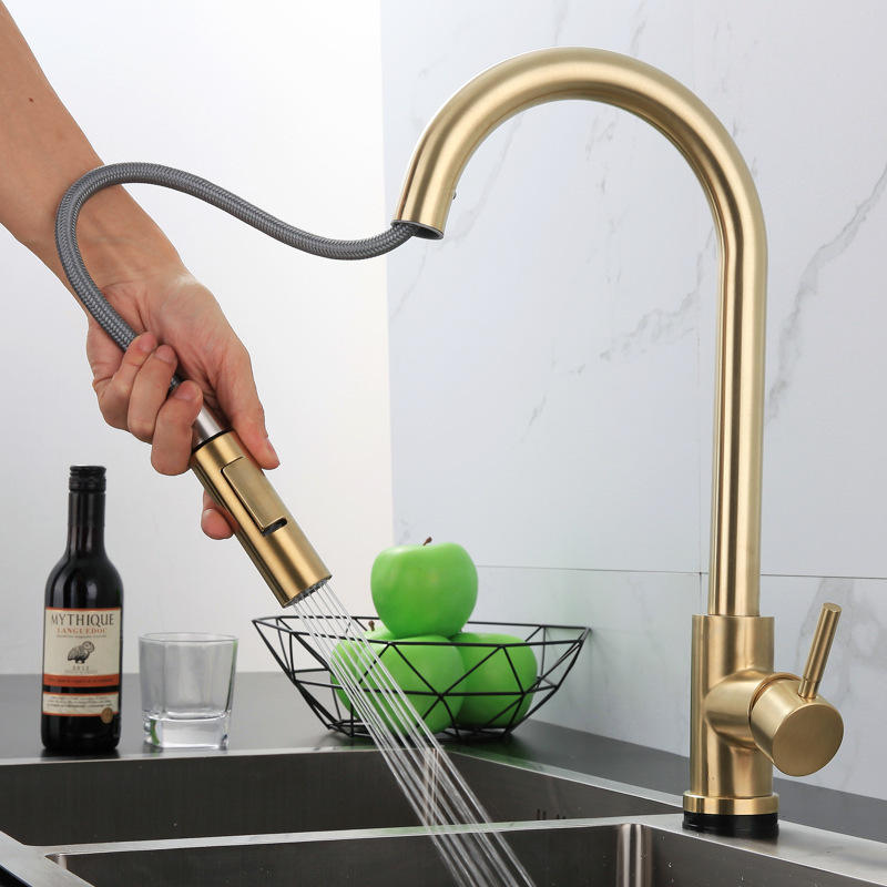 Grifo extraíble para fregadero de cocina, moderno, dorado pulido, con rociador