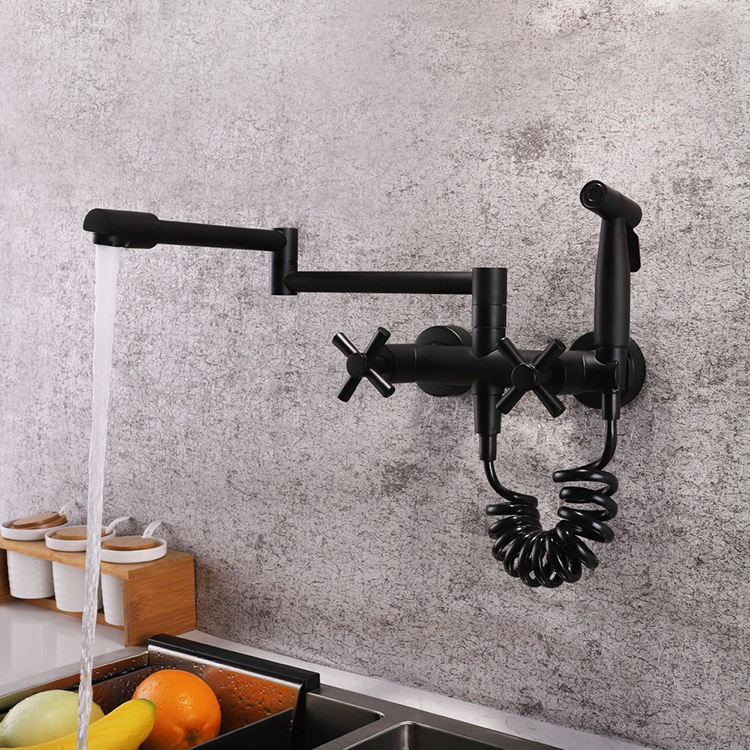 Mezclador de grifo de cocina plegable con rociador, 2 manijas, caliente y fría, montado en la pared, para olla de cocina