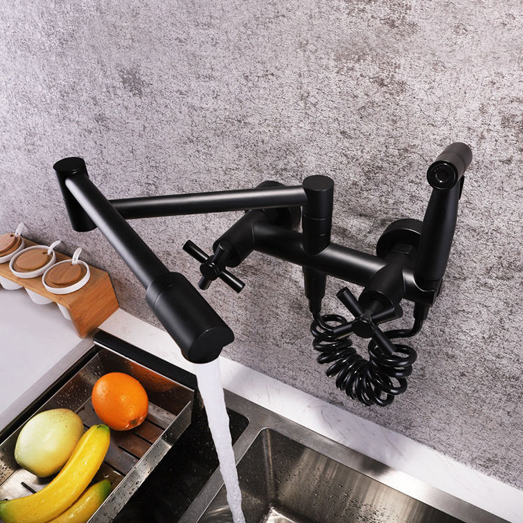 Mezclador de grifo de cocina plegable con rociador, 2 manijas, caliente y fría, montado en la pared, para olla de cocina