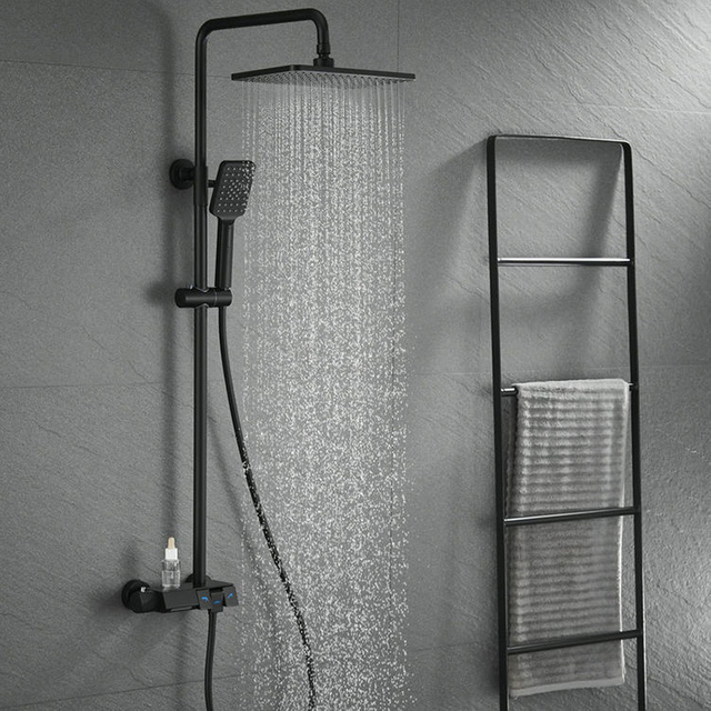 Precio de fábrica, función de agua fría y caliente montada en la pared, juego de ducha de baño negro termostático