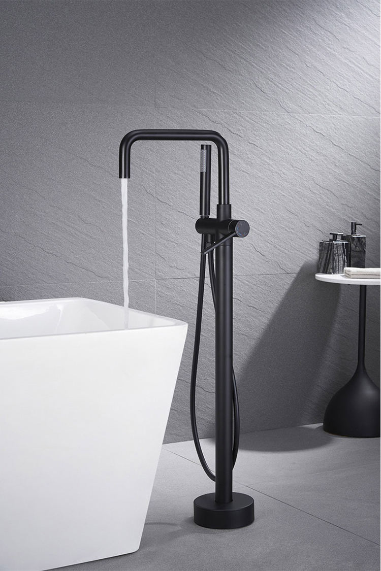 Grifo monomando para bañera de latón independiente montado en el suelo con relleno para bañera, color negro