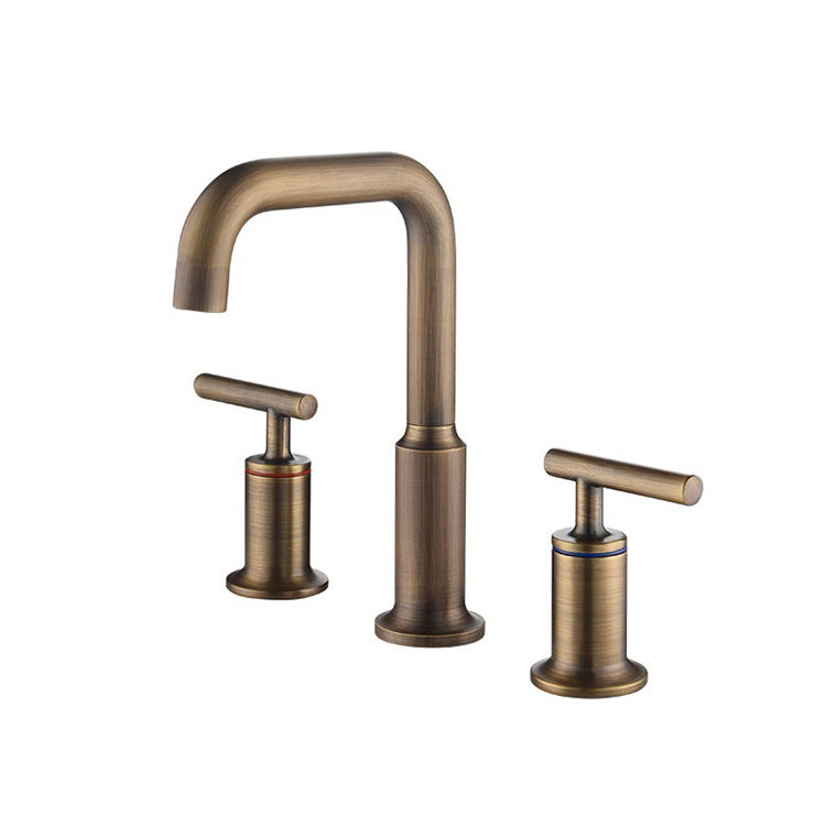 Grifo de lavabo dividido para baño, grifo de lavabo dividido de arco alto con mango doble de 3 agujeros, oro cepillado montado en cubierta