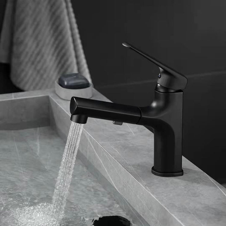 Grifo monomando para lavabo de baño extraíble, color negro, montado en cubierta