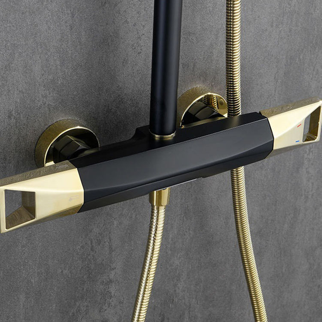Grifos de baño y ducha de oro negro, juegos de ducha, sistema de ducha moderno, grifo mezclador, oro negro expuesto en la pared