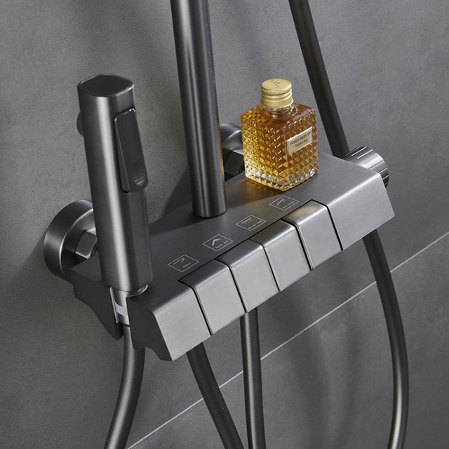 Juego de cabezal de ducha tipo lluvia con función de 4 vías de cobre con llave de piano para baño