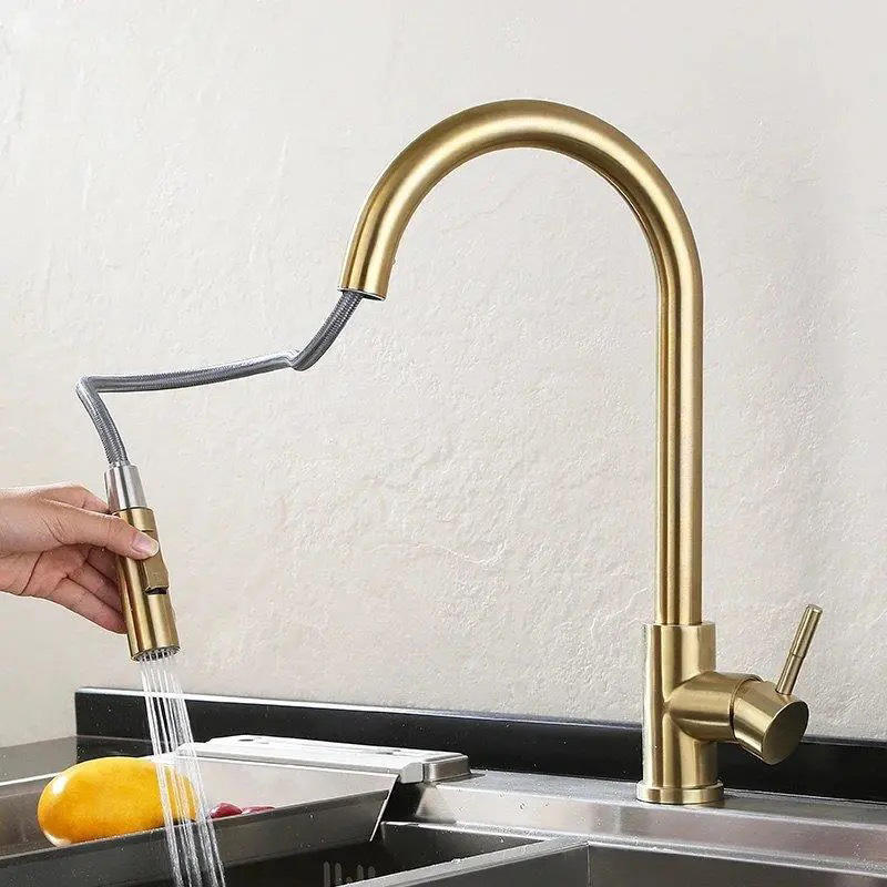 Grifo extraíble para fregadero de cocina, moderno, dorado pulido, con rociador