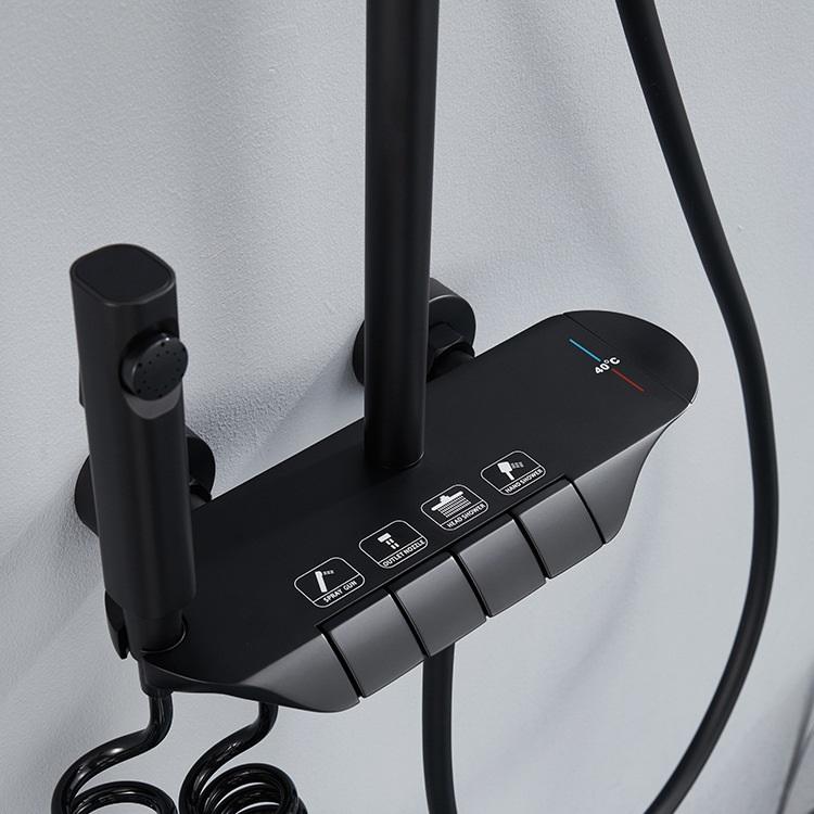 Juego de sistema de ducha termostático con llave de piano para baño expuesto montado en la pared con función de 4 vías