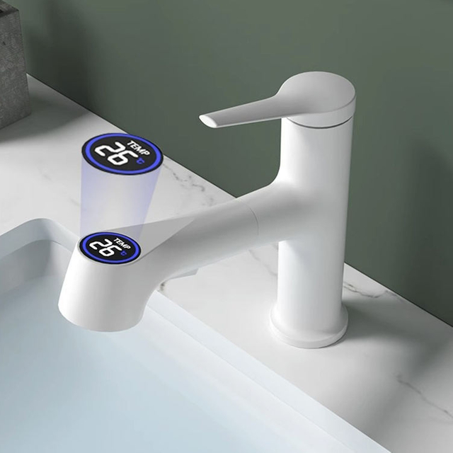 Grifo de lavabo de baño montado en cubierta, grifo de lavabo extraíble con pantalla Digital