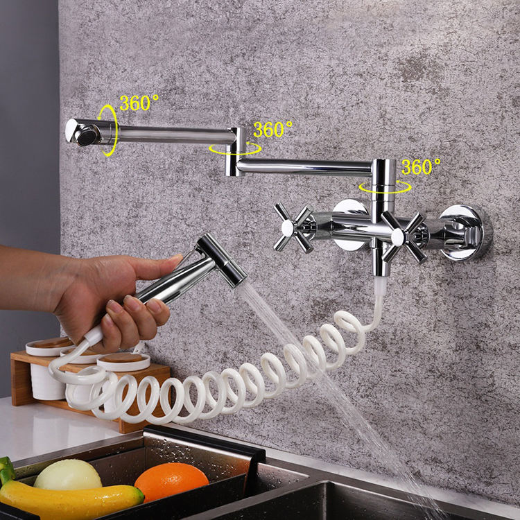 Mezclador de grifo de cocina plegable con rociador, 2 manijas, caliente y fría, montado en la pared, para olla de cocina