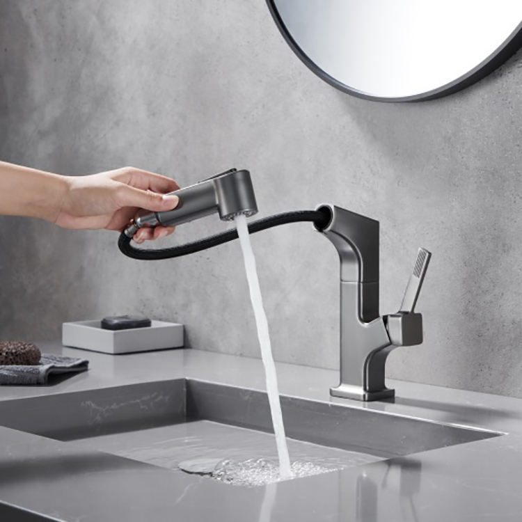 Grifo para lavabo de baño negro mate, grifo extraíble para lavabo con elevación