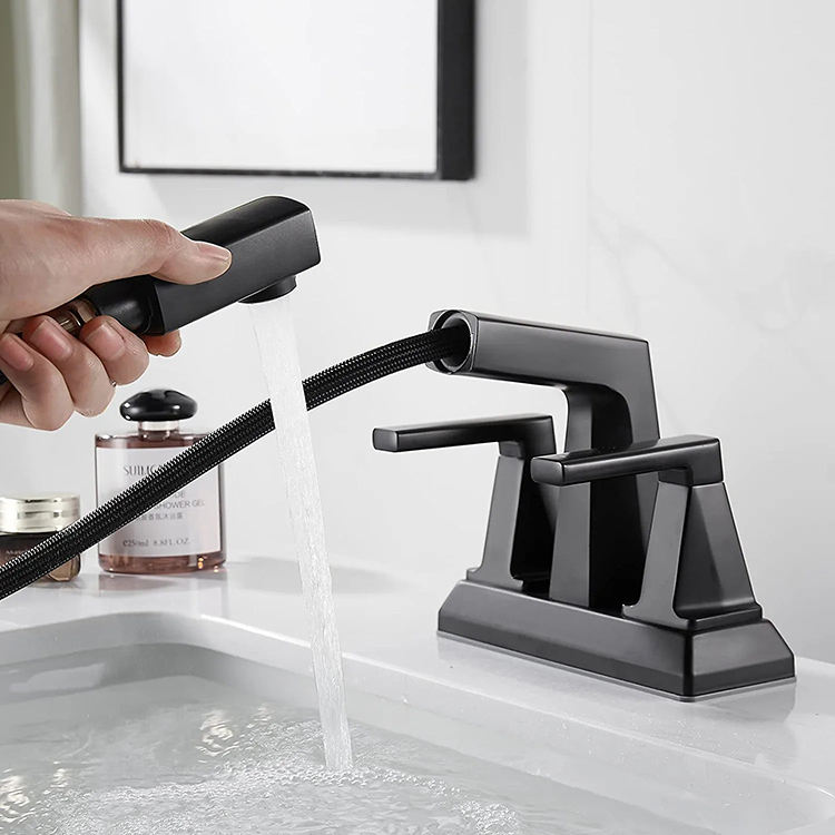 Grifo para lavabo de baño con juego central de doble manija de 2 orificios con rociador extraíble