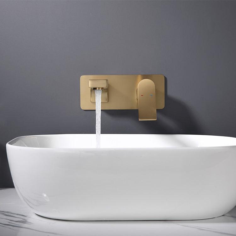 Grifo de agua para baño, grifo de fregadero de lavabo oculto montado en la pared, Oro pulido