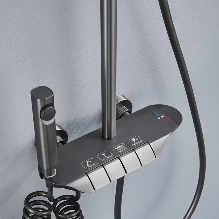 Juego de sistema de ducha termostático con llave de piano para baño expuesto montado en la pared con función de 4 vías