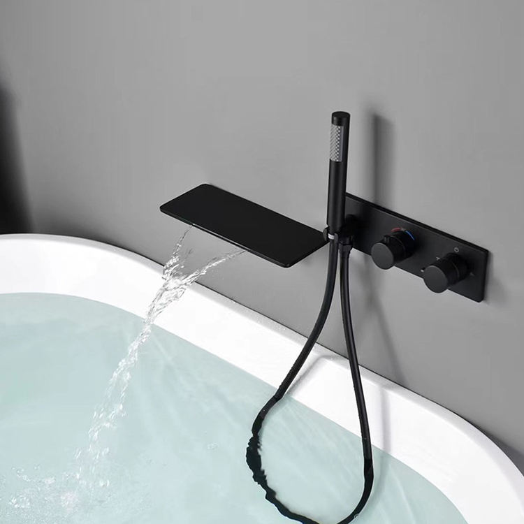 Glod-grifo de ducha de baño montado en la pared, Color negro, relleno de bañera oculto