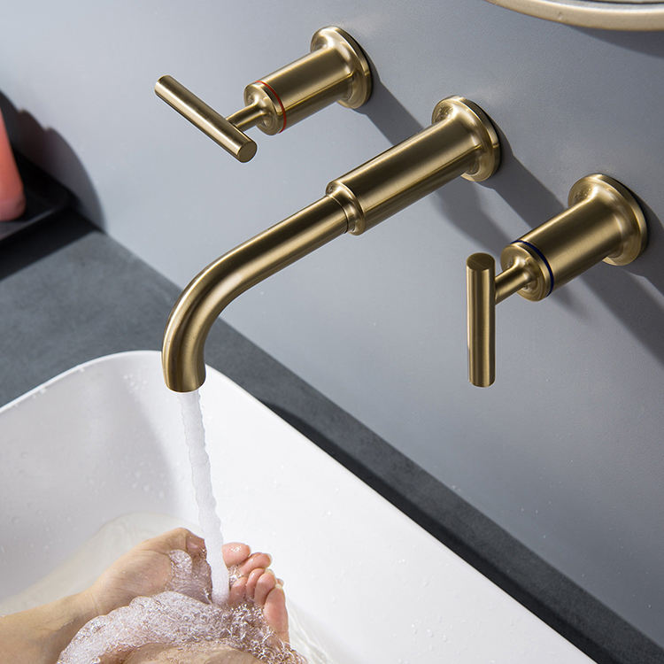 Grifo de lavabo oculto para montaje en pared con 3 agujeros para baño doméstico, color dorado