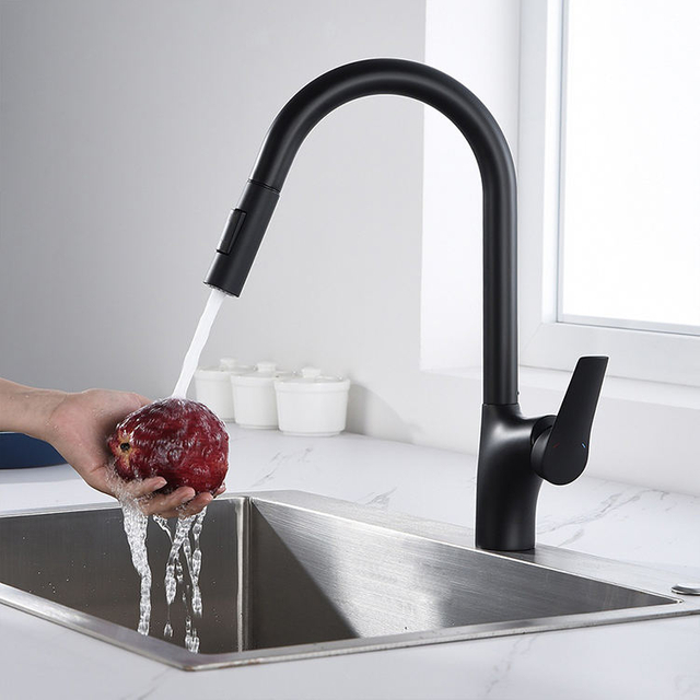 Gran oferta, grifos de cocina con cabezal extraíble, grifo de fregadero de cocina con rotación de 360 ​​grados, grifo de cocina de latón, negro mate