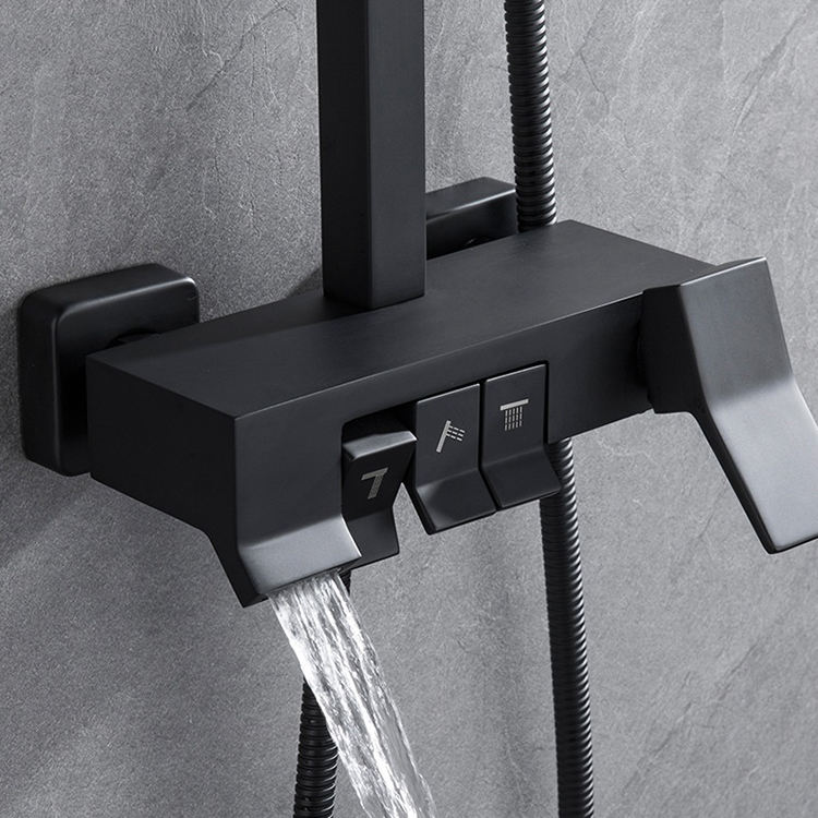 Conjunto de sistema de cabezal de ducha tipo lluvia para baño expuesto montado en la pared, color negro mate, latón