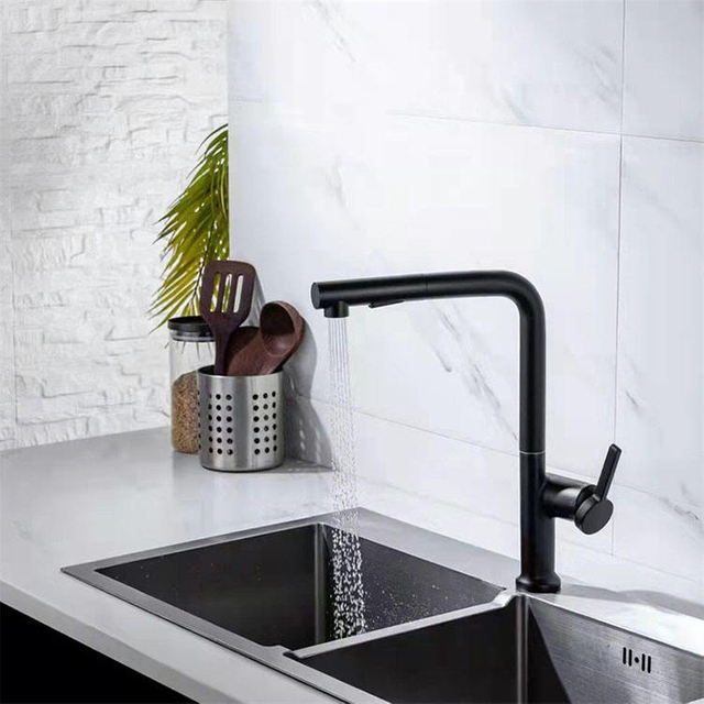 Gran oferta, grifo de fregadero de cocina con rotación de 360 ​​grados, grifo con cabezal extraíble, grifo de cocina de latón dorado y negro
