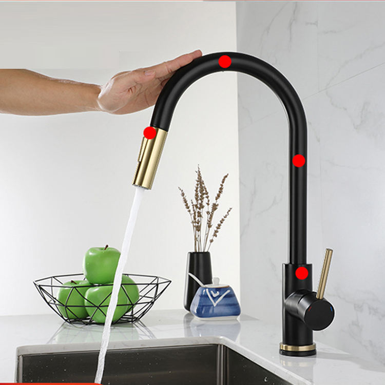 Grifo de fregadero de cocina con Sensor táctil de acero inoxidable 304, giratorio, caliente y frío, negro mate, 360 grados, extraíble