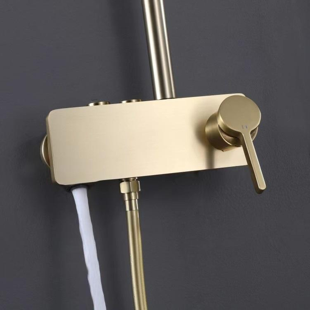 Grifos para baño y ducha de caída de lluvia fría y caliente expuestos montados en la pared de oro cepillado Juegos de sistemas de ducha