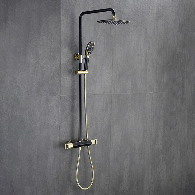 Grifos para baño y ducha de caída de lluvia fría y caliente expuestos montados en la pared de oro cepillado Juegos de sistemas de ducha