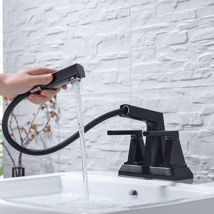 Grifo para lavabo de baño con juego central de doble manija de 2 orificios con rociador extraíble