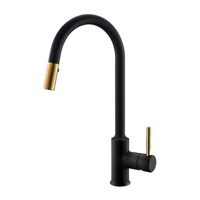 Grifo monomando para cocina, negro y dorado, montado en cubierta, extraíble